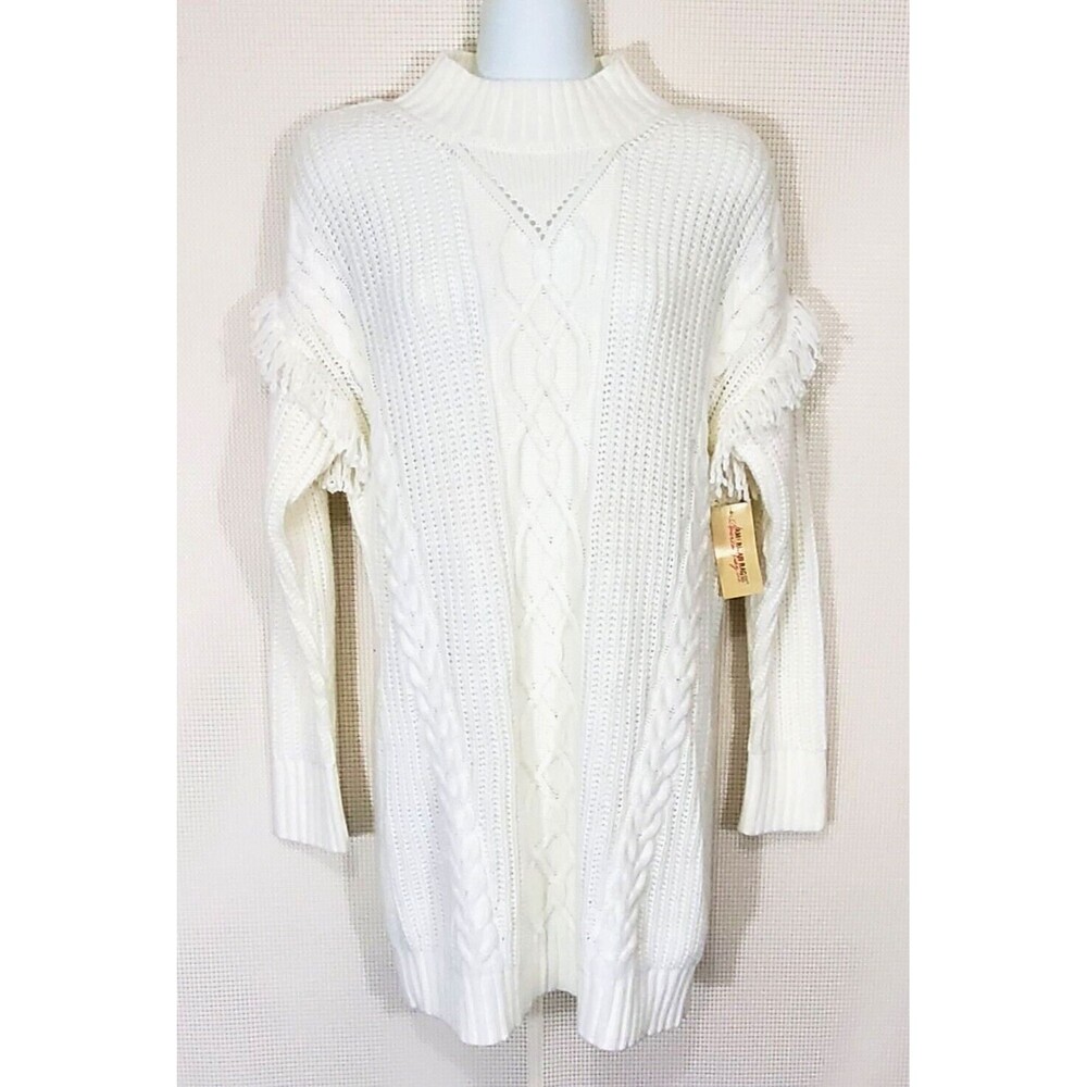 American Rag Cie Sweater XS Ivory Tunic Cutout Back Fringe Mock Neck Shaker
